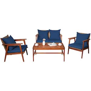 4-Piece Solid Wood Outdoor Patio Conversation Sofa Set with Navy Cushions, Loveseat, Sofa and Coffee Table