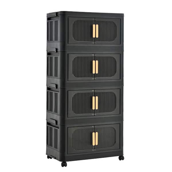 Tileon 4 Tiers Kitchen Pantry, Folding Storage Cabinet, Collapsible Storage Bins with Magnetic Door and Wheels in Black