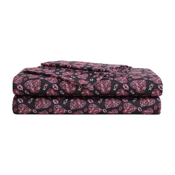 BETSEY JOHNSON Lipstick Betsey 3-Piece Pink and Black Microfiber Twin Xl Sheet Set