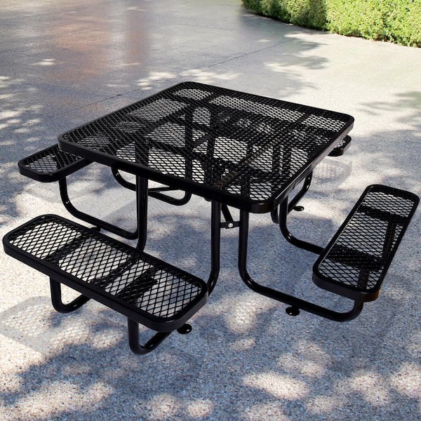 Cesicia Black 82.9 in. Square Outdoor Steel Picnic Table with Umbrella Pole in Black