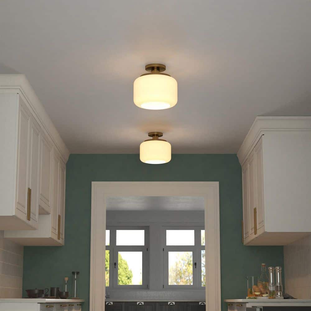 Brushed Brass and White Glass Drum Semi Flush Mount