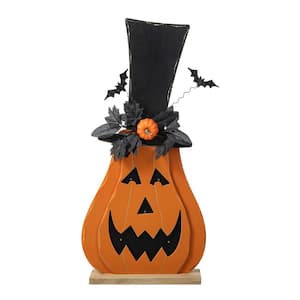 29.5 in. H Halloween Lighted Wooden Jack-O-Lantern Porch Decor with Floral and Timer
