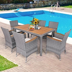7-Piece Wood and Wicker Outdoor Dining Set Patio Acacia Furniture Set with Beige Cushions