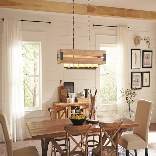 Home Decorators Collection - Ackwood 7-Light Wood Rectangular Chandelier with Amber Glass Shades