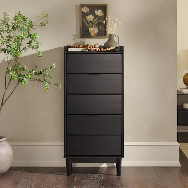 Walker Edison Furniture Company Mid-Century Modern Solid Wood Black 5-Drawer 20 in. Chest of Drawers with Tray Top