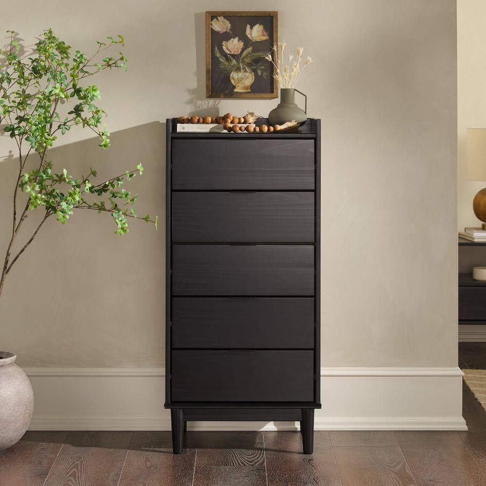 Mid-Century Modern Solid Wood Black 5-Drawer 20 in. Chest of Drawers with Tray Top