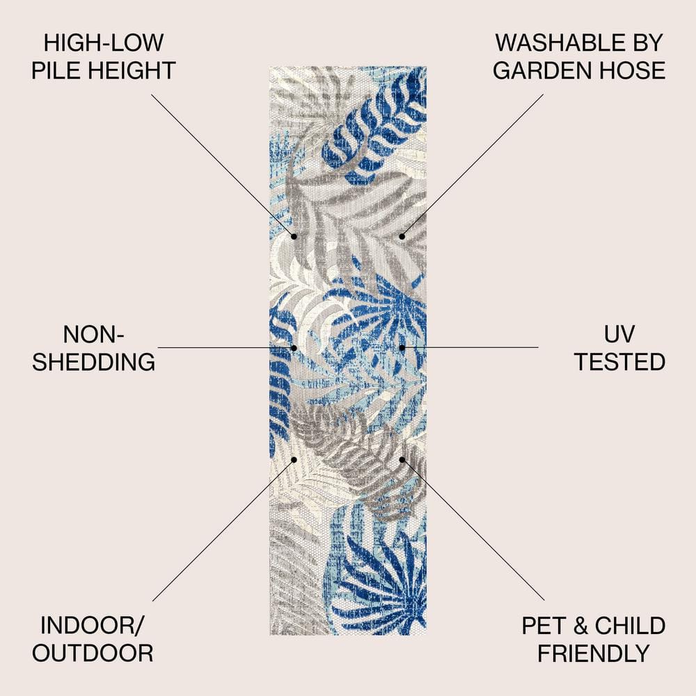 Gray and Blue Tropical Palm Leaves Synthetic Runner Rug
