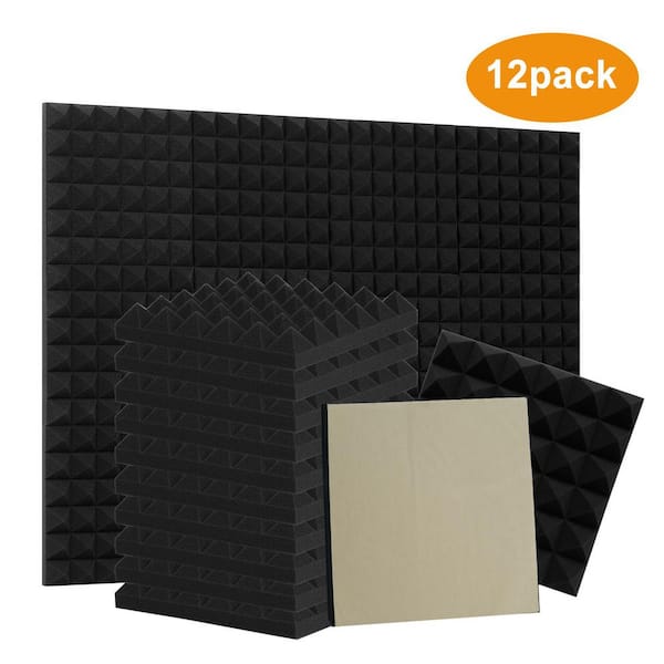12 in. x 12 in. x 3 in. Black Pyramid-shaped Self-adhesive Foam Acoustic Panels, 12 pack