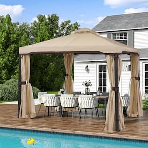10 ft. x 10 ft. Beige Pop-Up Gazebo Canopy with Removable Zipper 2-Tier Soft Top Event Tent with Mosquito Net