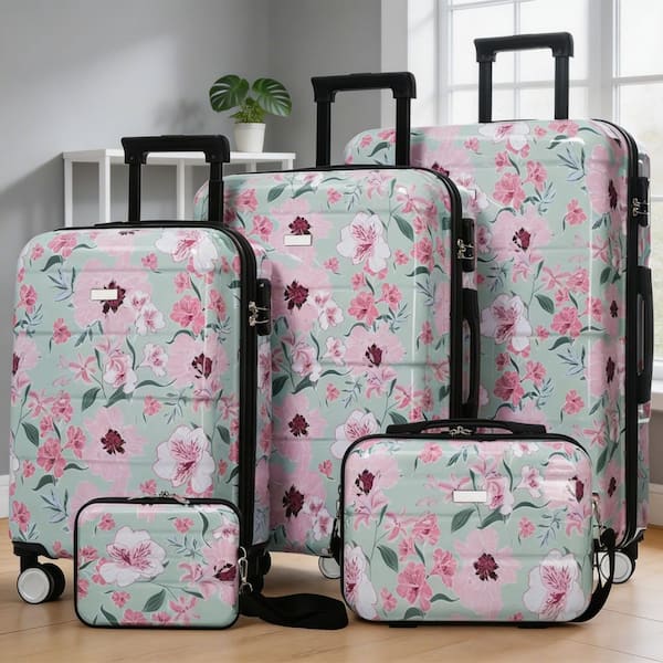 LIVACA 5-Piece Green & Pink Flower Polycarbonate Hardside