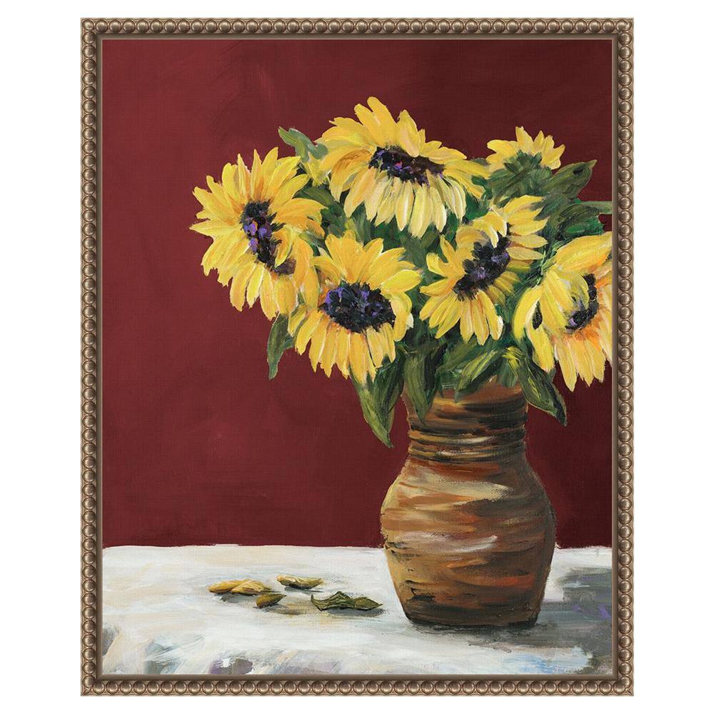 Sunflowers in Maroon Beaded Framed Canvas Wall Art