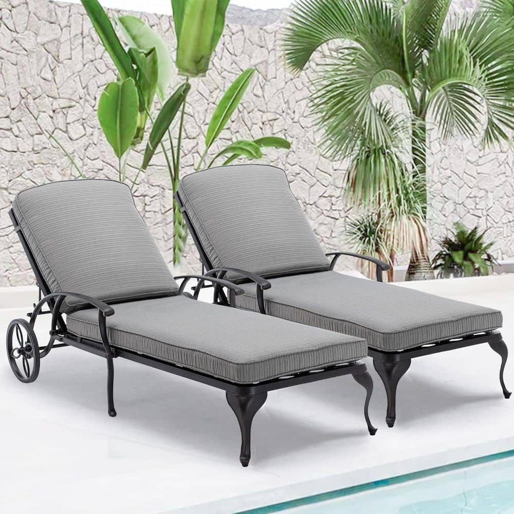 Antique Bronze 2-Piece Aluminum Adjustable Reclining Outdoor Chaise Lounge with Gray Cushions price history on PriceWatchPro
