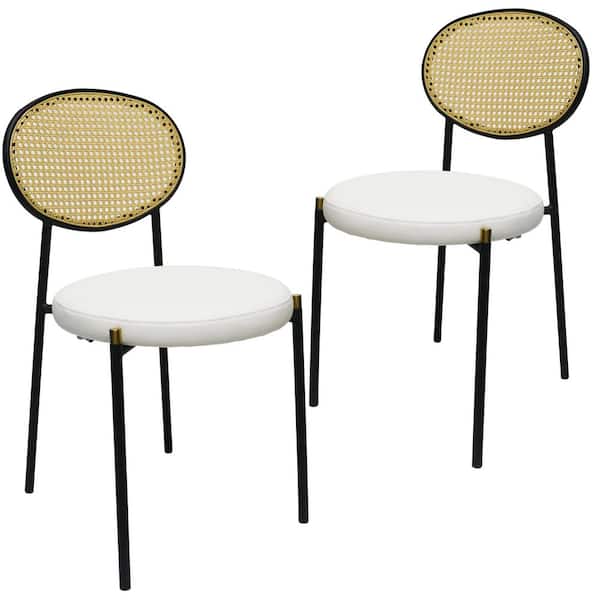 Euston Modern Wicker Dining Chair with Black Frame and Leather Seat in White Leather