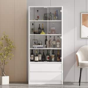 White Wood Bar Cabinet Wine Kitchen Locker with Pop-up Tempered Glass Doors, Drawers, Adjustable Shelves