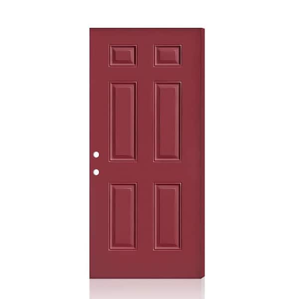 36 in. x 80 in. Universal/Reversible Premium 6-Panel Red Steel Front Door Slab