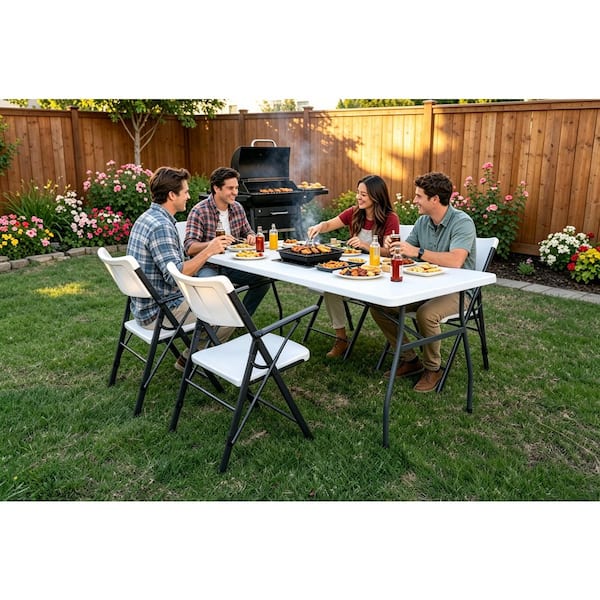 HDX Steel Frame White/Grey Resin Arm Indoor/Outdoor Folding Chair