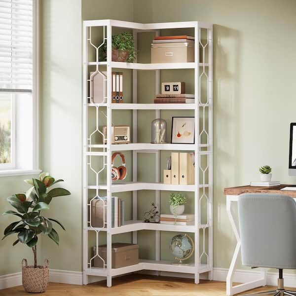 78.7 in. Tall White Engineered Wood 7-Shelf Corner Bookcase, Tall Bookshelf Corner Shelf Rack for Home Office