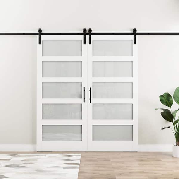72 in. x 96 in. 5 Lite Tempered Frosted Glass White Primed MDF Sliding Barn Door with Hardware Kit