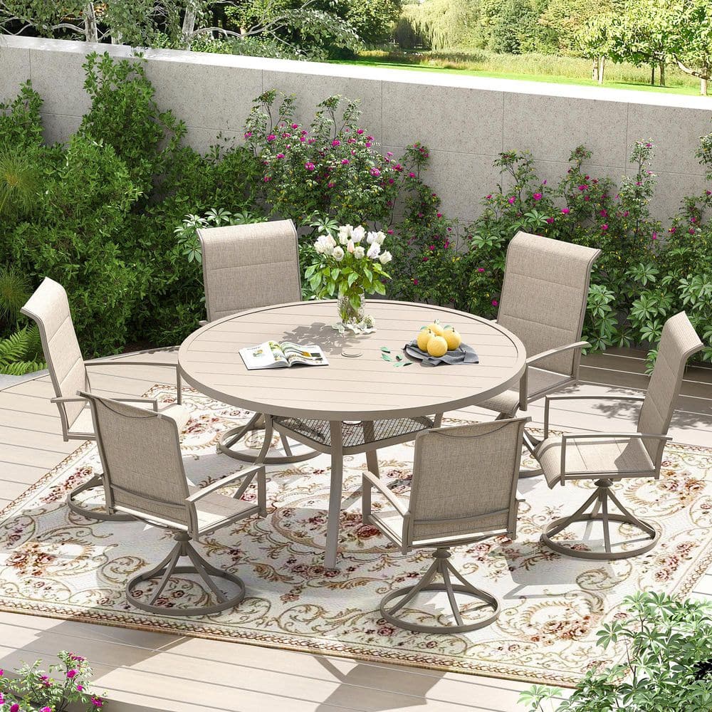 7-Piece Metal Patio Dining Set with 47.2 in. Sandshell Slatted Round Table and 6 Sandshell Textilene Swivel Chairs price history on PriceWatchPro