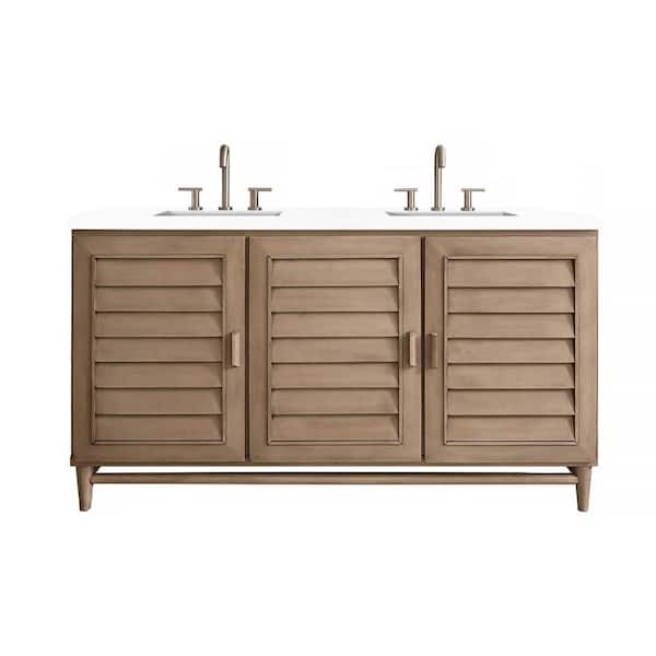James Martin Vanities Portland 60.0 in. W x 23.5 in. D x 34.3 in. H Bathroom Vanity in Whitewashed Walnut with White Zeus Quartz Top