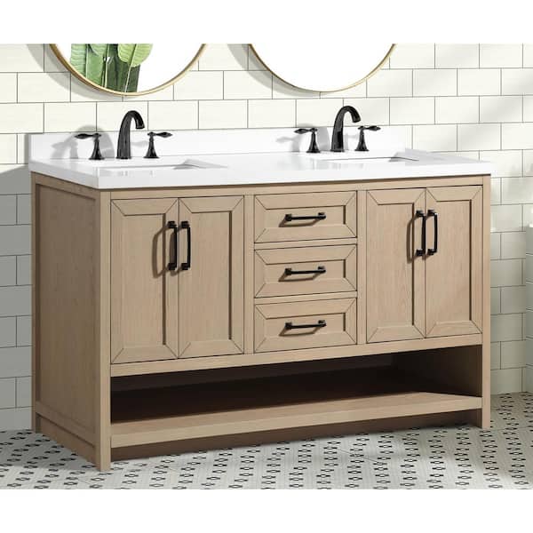 Ari Kitchen and Bath Venice 60 in. x 22 in. D x 34.5 in. H Bath Vanity in Oak Gray with White Quartz Vanity Top with White Basin