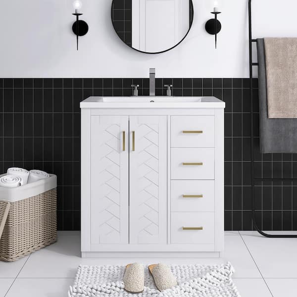 JimsMaison 30 in. W x 18 in. D x 34 in. H Single Sink Freestanding Bath Vanity in White with White Ceramic Top