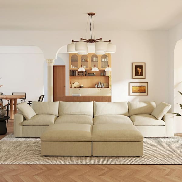 U Shape 157 in. Square Arm Down Filled Linen 6-Seater Modular Tuxedo Sofa in Khaki with Ottomans and Detachable Covers