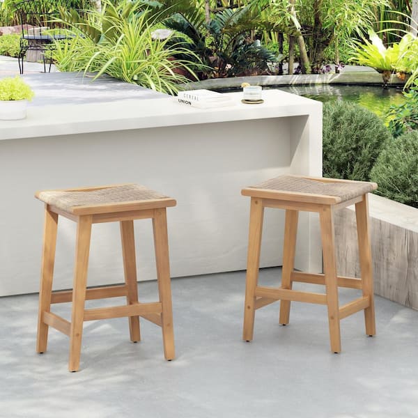 Yedda 26 in. Solid Wood and Rope Woven Patio Outdoor Bar Stool Counter Stool with Footrests, Set of 2, Teak Finish+Beige