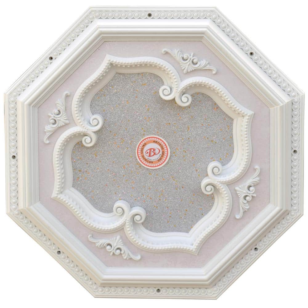White and Silver Octagon Ceiling Medallion with Four Leaf Clover Design