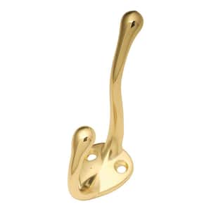 Universal 3.5 in. L 5/8 in. C/C Polished Brass Double Coat Hook (4-Pack)