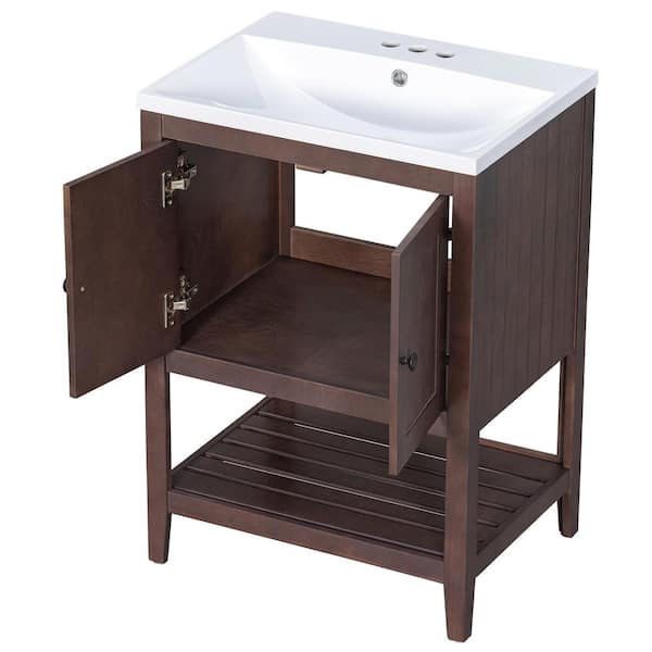Unbranded 24 in. W. x 18 in. D x 33.6 in. H Freestanding Bath Vanity in Brown with White Ceramic Top, Modern Sleek Bathroom Vanity
