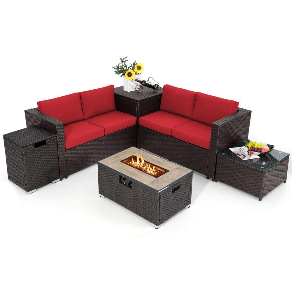 Costway 6-Pieces Wicker Patio Conversation Set 32 in. Fire Pit