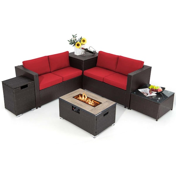 Costway 6-Pieces Wicker Patio Conversation Set 32 in. Fire Pit Table Tank Holder with Cover Red Cushions