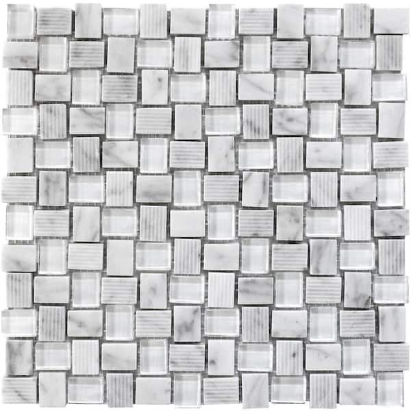 Apollo Tile Gray 4 in. x 5 in. Mini Brick Carrara & Glass Polished and Etched Mosaic Floor and Wall Tile Sample (0.13 sq. ft./Piece)