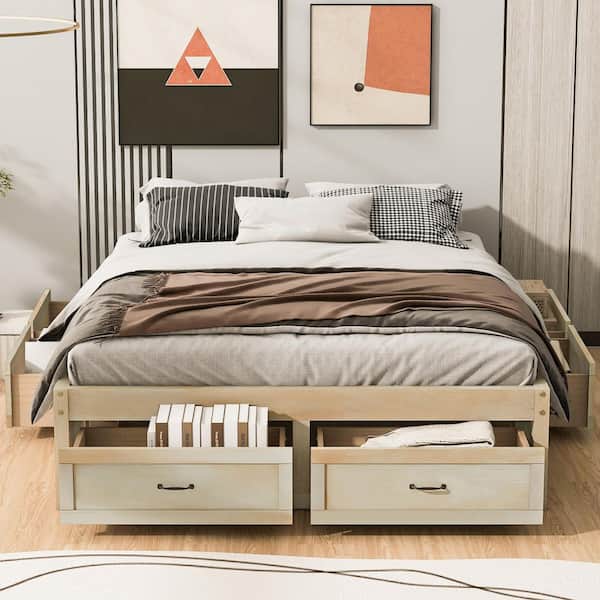 Rustic Antique Beige Wood Frame Queen Platform Bed with 6 Storage Drawers