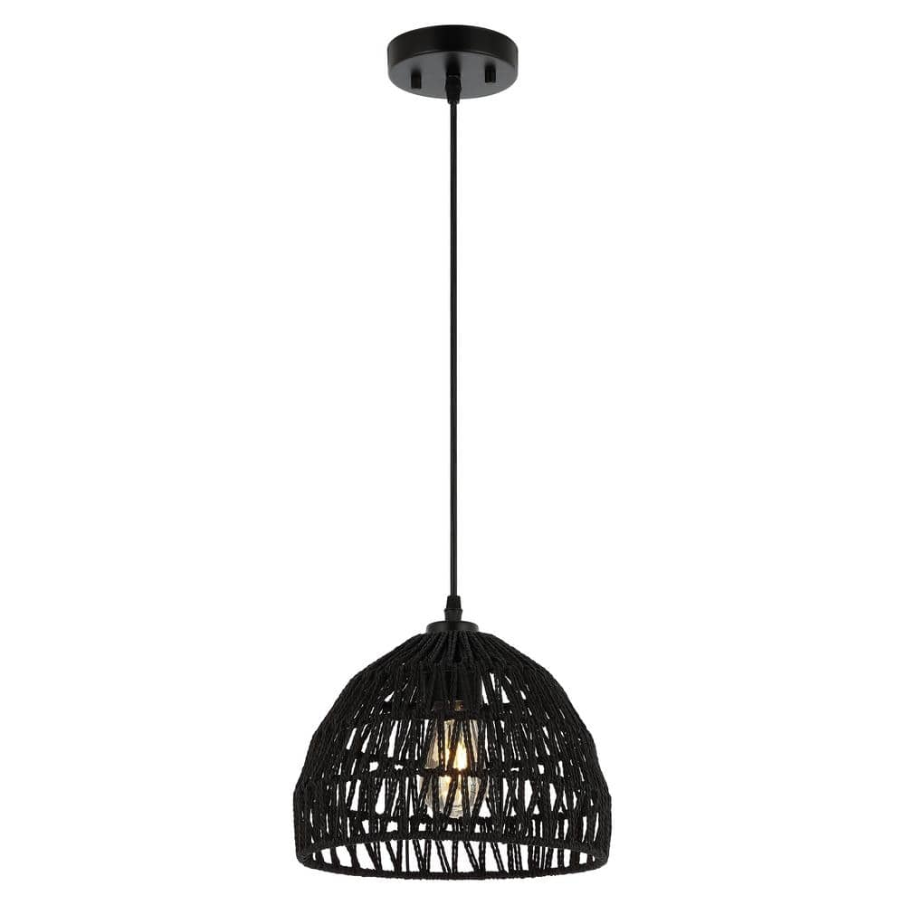 JONATHAN Y Campana 10.25 in. 1-Light Bohemian Modern Woven Rope/Iron LED Pendant Light, Black