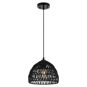 Campana 10.25 in. 1-Light Bohemian Modern Woven Rope/Iron LED Pendant Light, Black