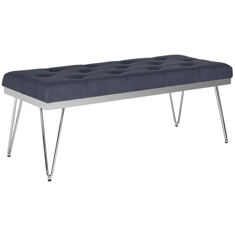 Navy Linen Upholstered Bench with Chrome Hairpin Legs