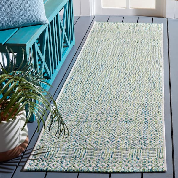 Courtyard Ivory/Green 2 ft. x 7 ft. Geometric Diamond Indoor/Outdoor Runner Rug