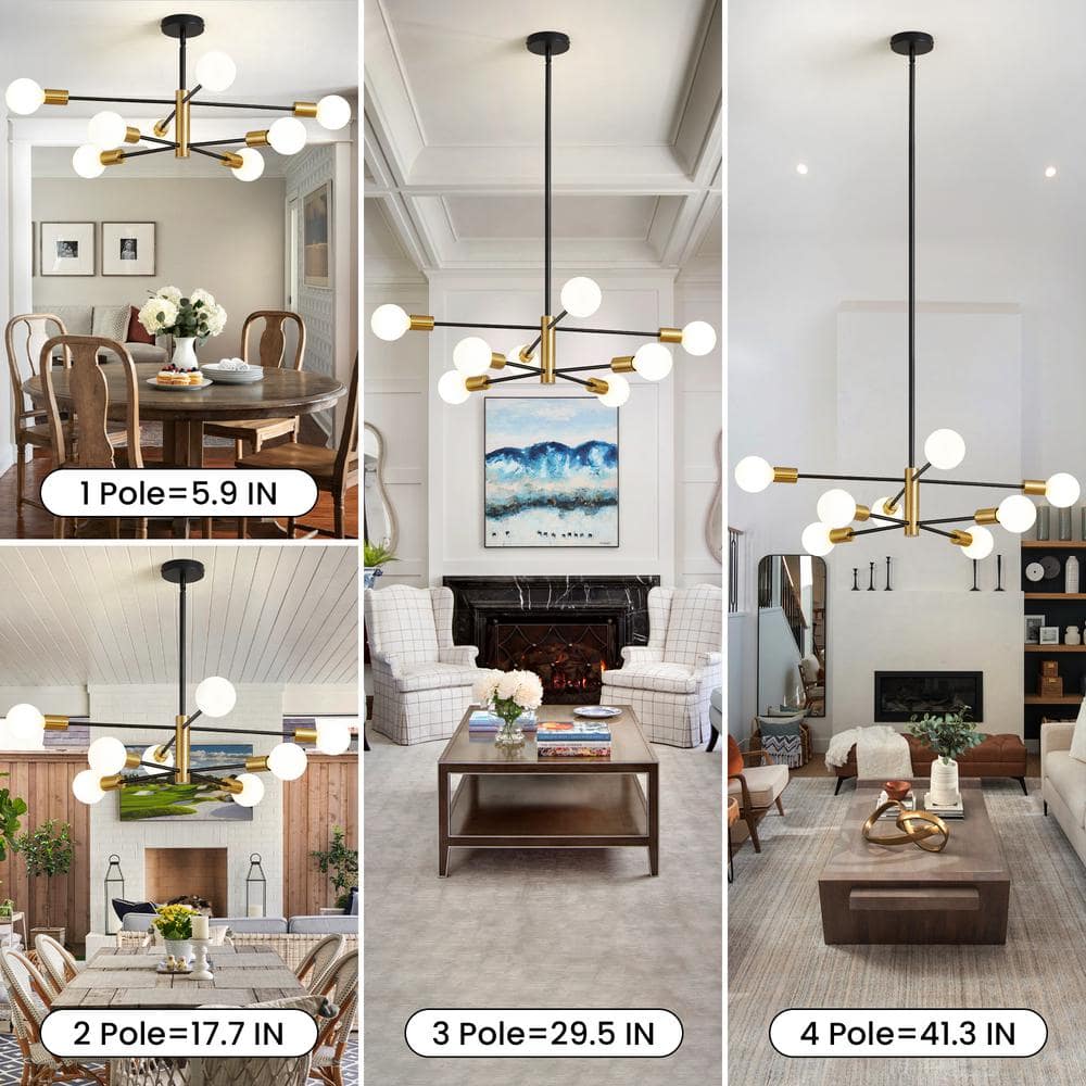 Black and Gold 8-Light Sputnik Chandelier with Adjustable Height