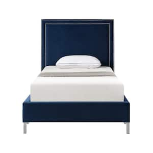 Blue Wood Frame Twin Panel Bed with Nail Head Trim; Upholstered