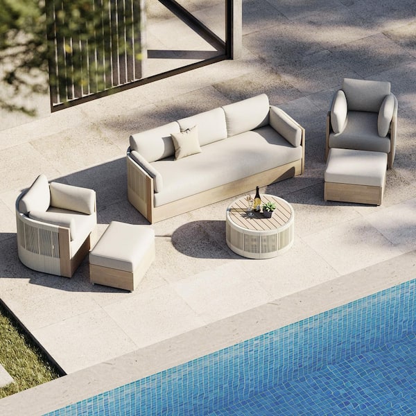 Tavio 6-Piece Olefin Cream Patio Conversation Set w/ 2 Swivel Chairs, Coffee Table, 2 Ottomans, Brushed Gray Acacia Wood