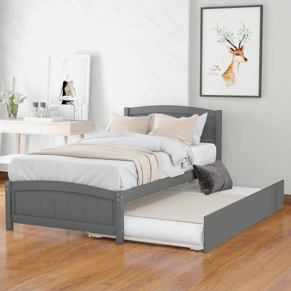 Harper And Bright Designs Classic 417 In W Gray Wood Frame Twin Size Platform Bed With Trundle 