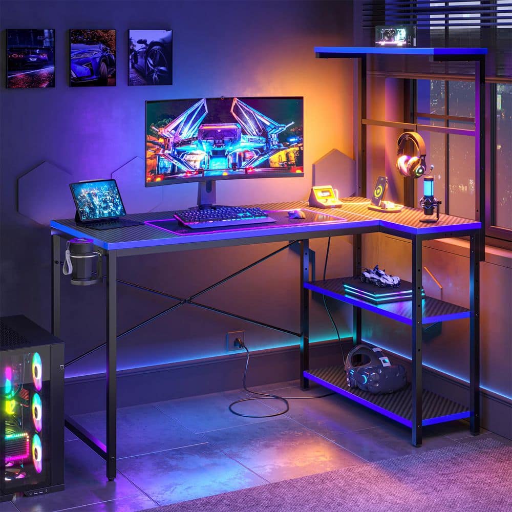 40.6 in. Reversible L-Shaped Carbon Fiber and Electric Blue Edge Gaming Desk with Built-In Power Strip and LED Lighting