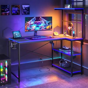 40.6 in. Reversible L-Shaped Carbon Fiber and Electric Blue Edge Gaming Desk with Built-In Power Strip and LED Lighting