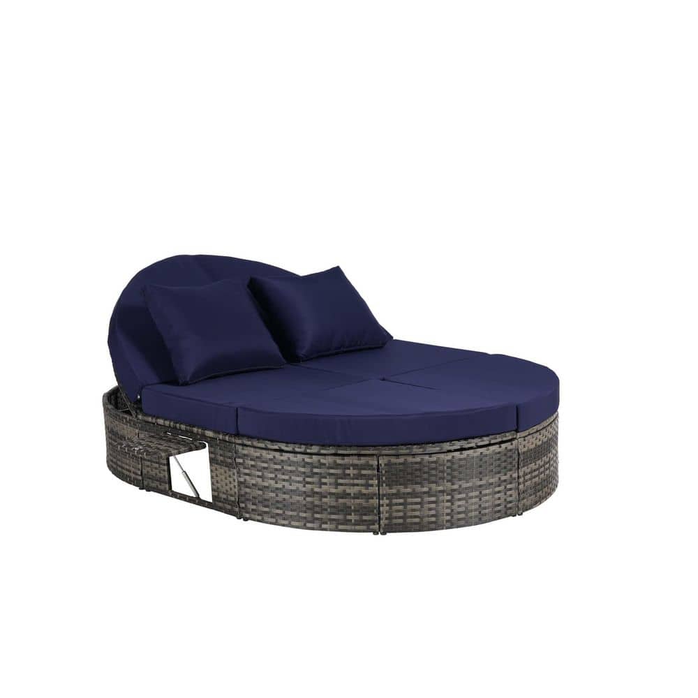 Wicker Rattan Outdoor Round Day Bed with Dark Blue Cushions, Sun Bed with A