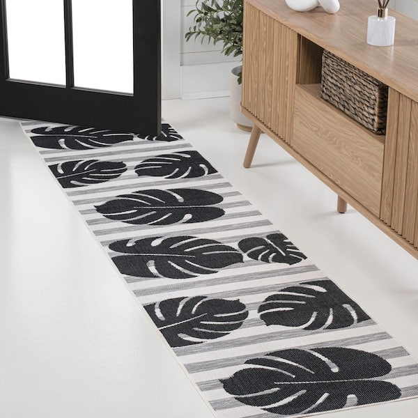 Allison Classic Beach Stripe and Monstera Leaf Black/Gray 2 ft. x 8 ft. Indoor/Outdoor Runner Rug