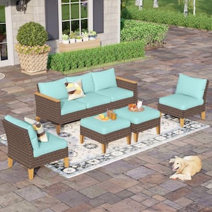 Brown Rattan Wicker 7 Seat 7-Piece Steel Outdoor Patio Conversation Set with Blue Cushions