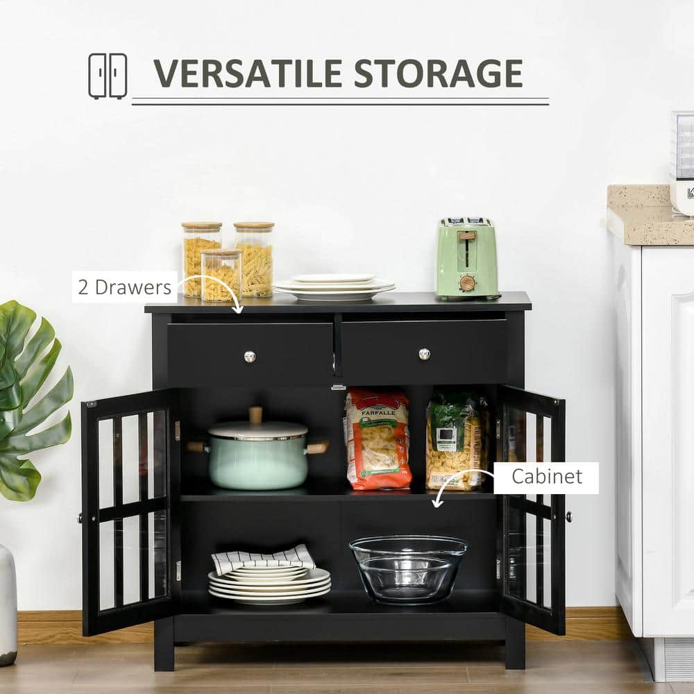 Black Wood Sideboard Buffet Cabinet with Glass Doors