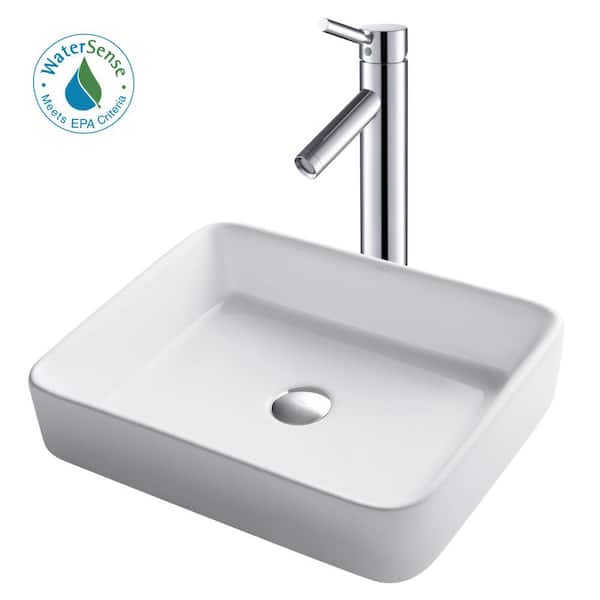 KRAUS Elavo Vessel Sink in White with Sheven Faucet Combo Set and Pop-Up Drain in Chrome